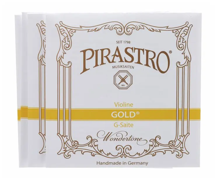 Pirastro Gold keman telinin bağırsak çekirdek yapısını ve çelik Mi telini temsil eden ürün görseli